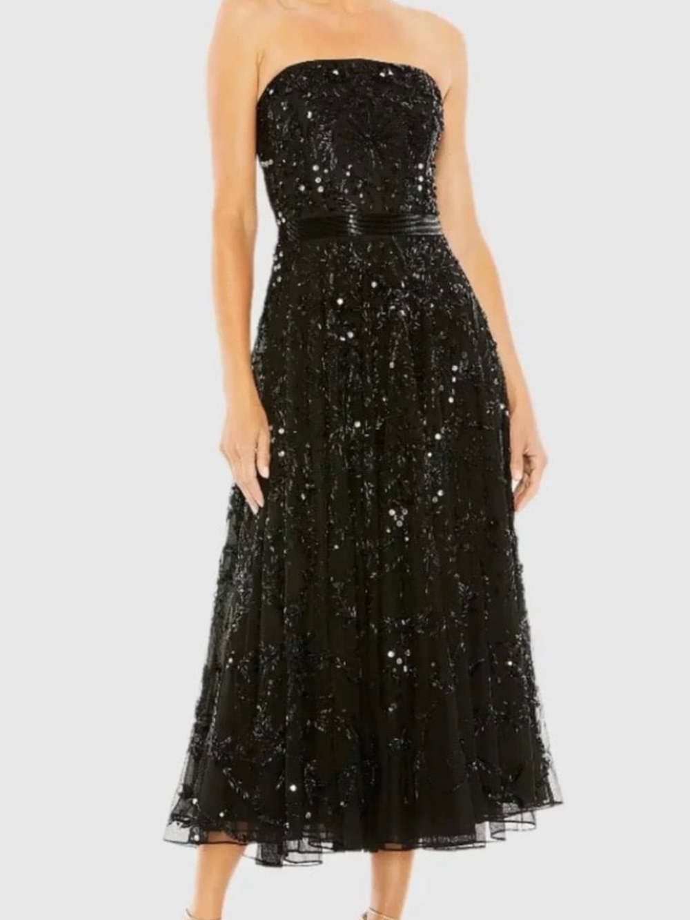 Mac Duggal Black Embellished Mesh Strapless Sequin Beaded Midi Dress Size 10 NWT